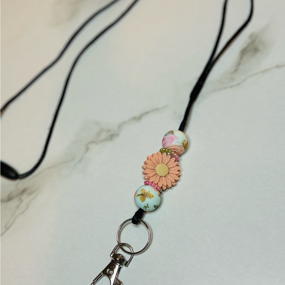 Floral Beaded Lanyard with Clip